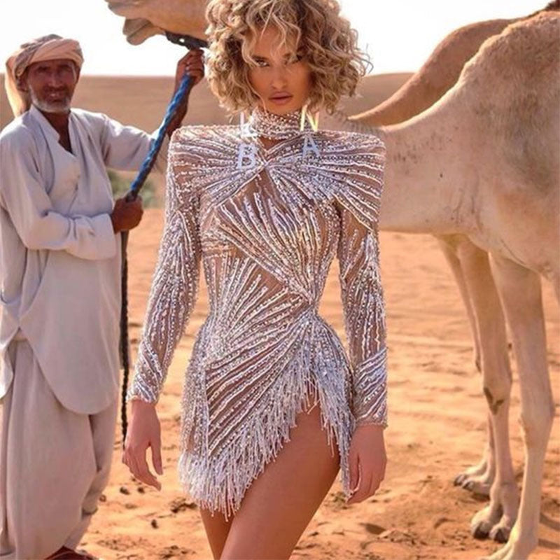 Spring Summer Women Clothing Short Dress Long Sleeve Turtleneck Gold Tassel Split Dress by Ragazza