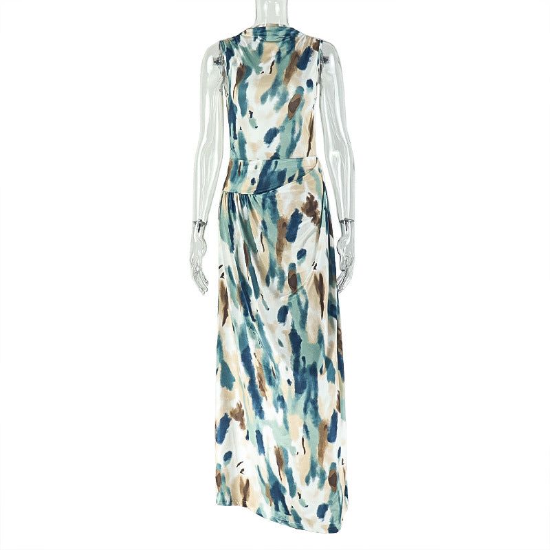 Color Matching Women Printed Wear Stylish Comfortable Loose Hip Dress Pleated Waist Maxi Dress by Ragazza