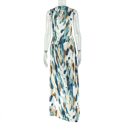Color Matching Women Printed Wear Stylish Comfortable Loose Hip Dress Pleated Waist Maxi Dress by Ragazza