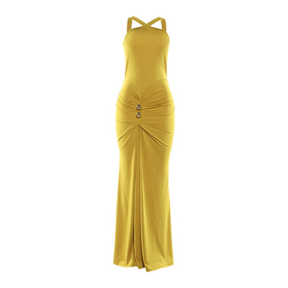 Autumn Winter Women Clothing Cross Halter Solid Color Pleated Waist Tight Slimming Fishtail Dress by Ragazza