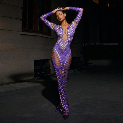Women Clothing Sexy Ripped Skinny Sheath Dress Rhinestone Printed Dress by Ragazza