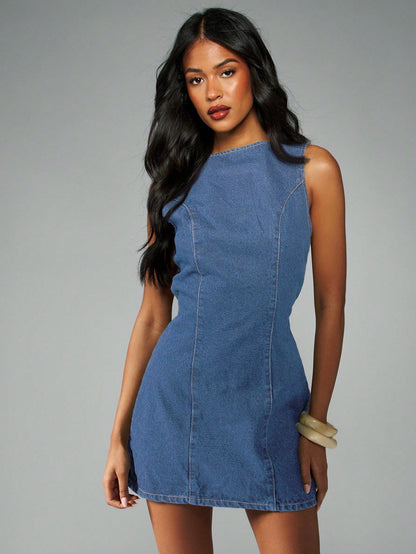 Women Denim Dress Back Lace up Simple Women Denim Dress Mesh by Ragazza