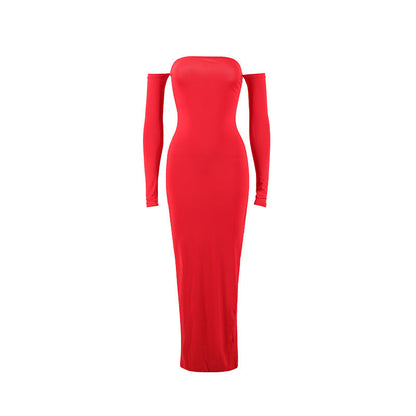 Women Clothing Sexy Sexy off Shoulder Tube Top Oversleeve Slim Sheath Split Elegant Dress by Ragazza