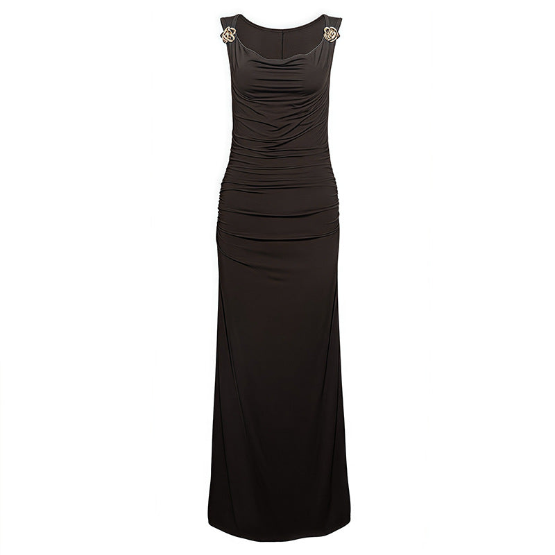 Fashionable All Match Sling Swing Collar Pleating Sheath High Waist Slit Sleeveless Maxi Dress by Ragazza