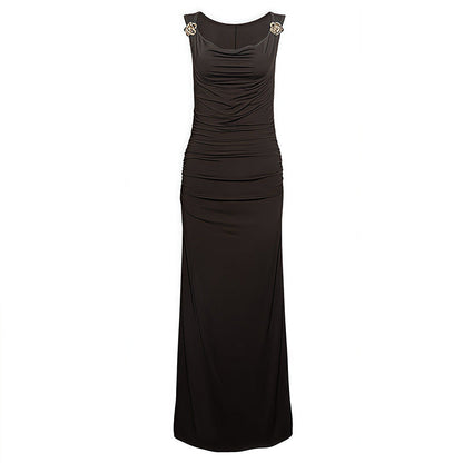 Fashionable All Match Sling Swing Collar Pleating Sheath High Waist Slit Sleeveless Maxi Dress by Ragazza