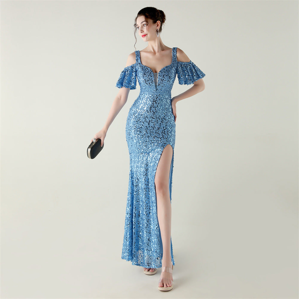 Bead Tube Sequin Heavy Industry Evening Dress Short Sleeve off the Shoulder Deep V Plunge High Slit Fishtail Dress Cocktail Socialite by Ragazza