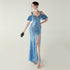 Bead Tube Sequin Heavy Industry Evening Dress Short Sleeve off the Shoulder Deep V Plunge High Slit Fishtail Dress Cocktail Socialite by Ragazza