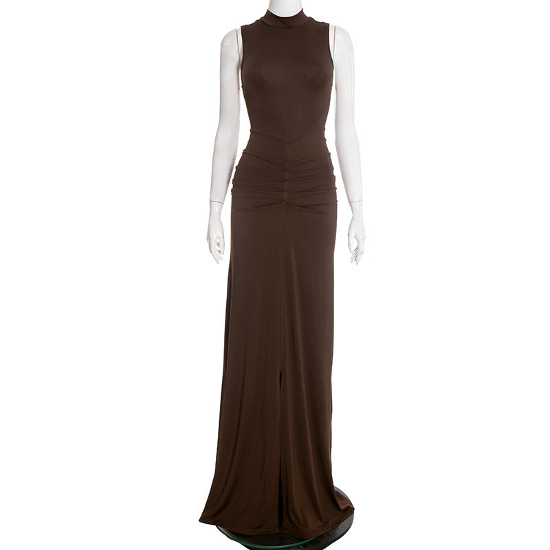 Women Clothing Spring Solid Color Casual Elegant round Neck Sleeveless Pleated Slim Maxi Dress by Ragazza