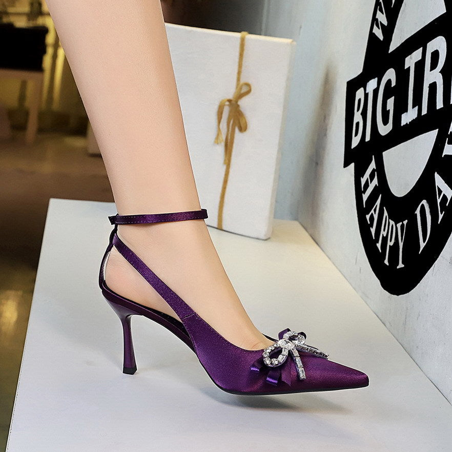 Leopard Print Hollow Out Cutout Out Pointed Toe Satin Stiletto Women Shoes With A Single Strap Buckle Bow Rhinestone Ribbon  DestGlow