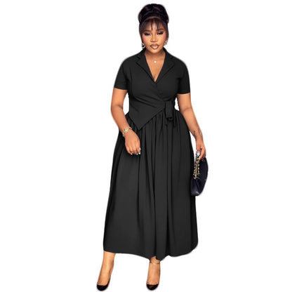 Elegant Office Collared Waist Tight Lace up Loose Dress by Ragazza