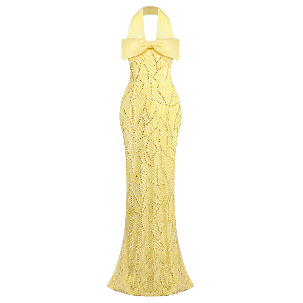 Yellow Heavy Industry Tube Bead Bow Halter Formal Dress Vision Dress Elegant by Ragazza