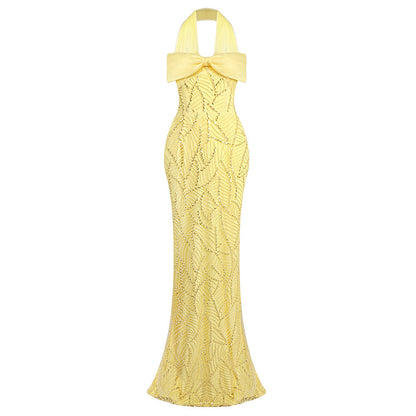 Yellow Heavy Industry Tube Bead Bow Halter Formal Dress Vision Dress Elegant by Ragazza