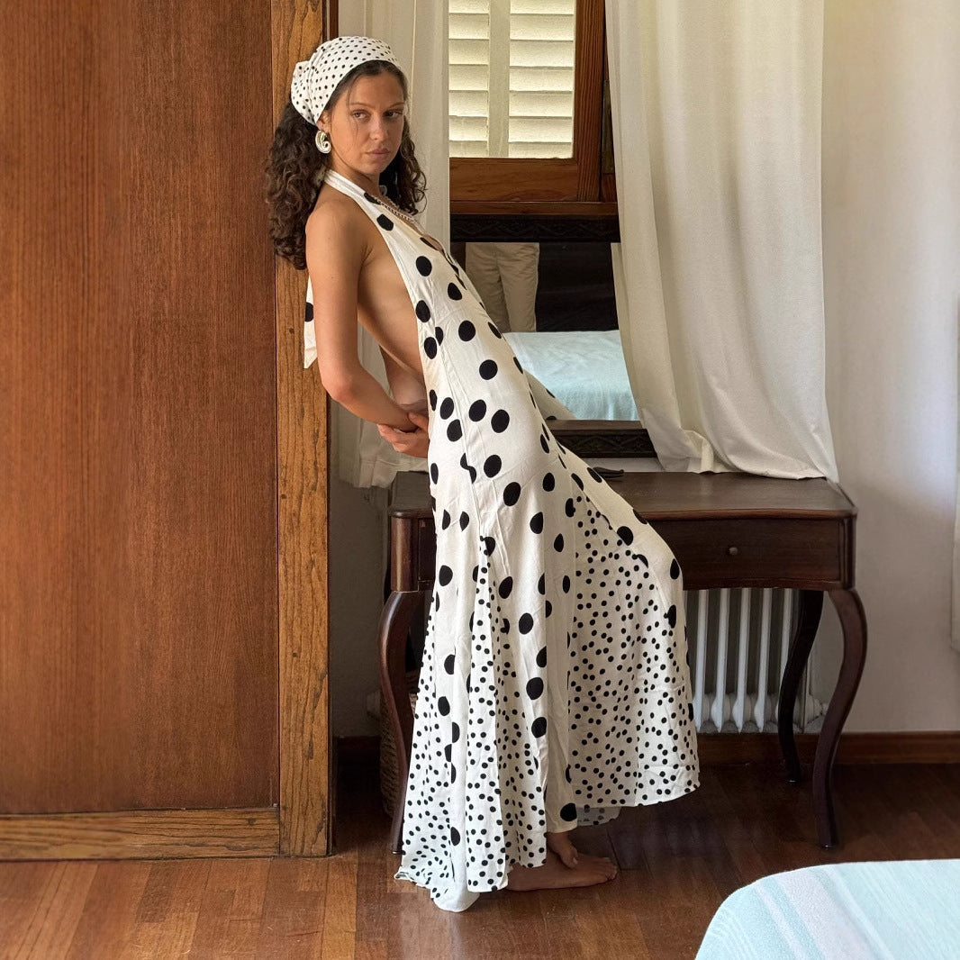 Women Clothing Fall Slim Fit Slim Backless Polka Dot Brace Maxi Dress Commuting by Ragazza
