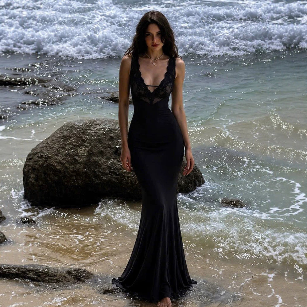 Black Lace V neck Suspender Fishtail Dress Slim Fit Draping Mop Long Evening Dress Women Clothing  DestGlow