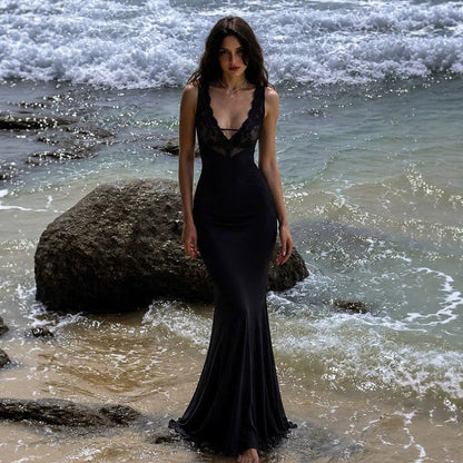Black Lace V neck Suspender Fishtail Dress Slim Fit Draping Mop Long Evening Dress Women Clothing  DestGlow
