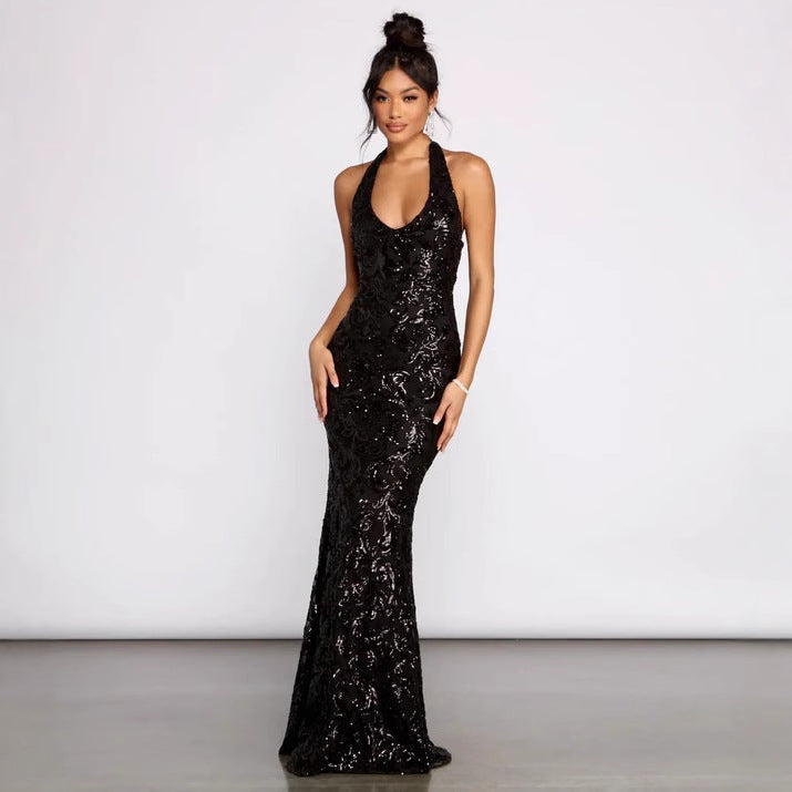 Women Clothing Sexy Hanging Collar Sequ Dress All Matching Formal Dress by Ragazza