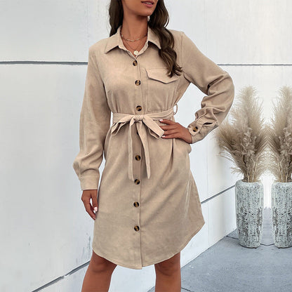 Autumn Dress Long Sleeve Solid Color Corduroy Shirt Dress  DestGlow