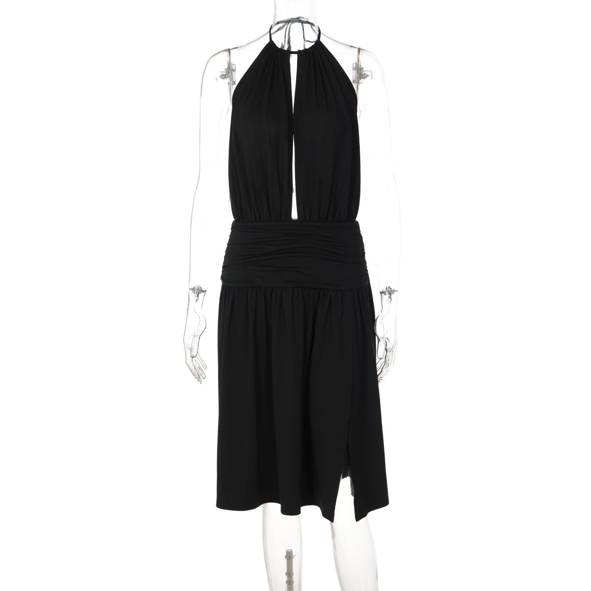 Women Sexy Deep V Plunge neck Bare Back Halter Strap Pleated Waist Tight Slit Dress by Ragazza