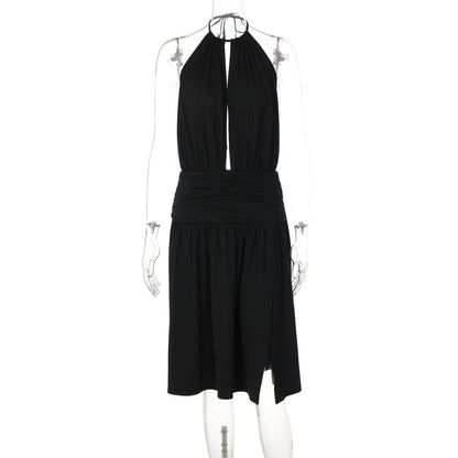 Women Sexy Deep V Plunge neck Bare Back Halter Strap Pleated Waist Tight Slit Dress by Ragazza
