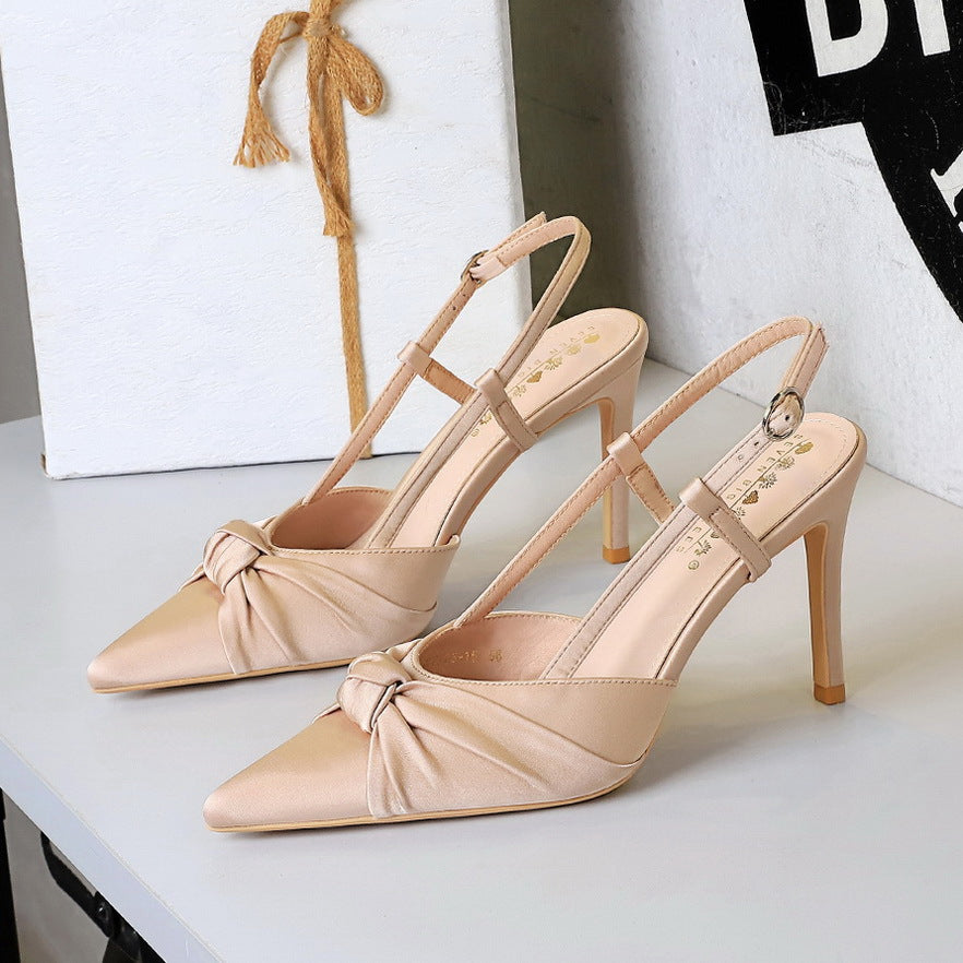 Cocktail Satin Bow Stiletto Heel High Heel Shoes Pointed Shallow Mouth Back Empty Closed Toe Shallow Mouth Pumps  DestGlow