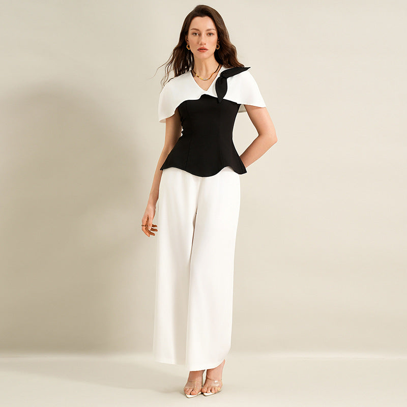 Shirt Long Twet Summer Elegant Office Black White Color Matching Women Clothing by Ragazza