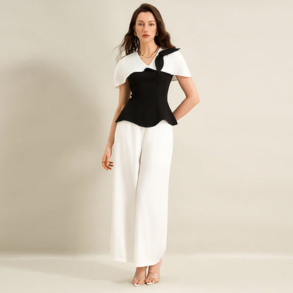 Shirt Long Twet Summer Elegant Office Black White Color Matching Women Clothing by Ragazza