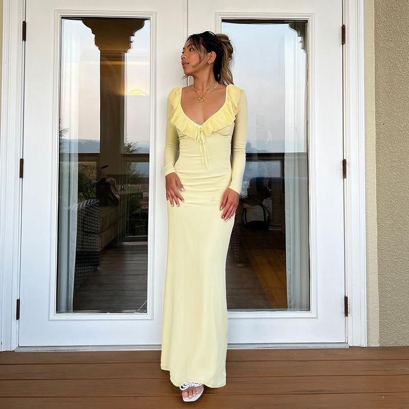 Sexy Ruffled Long Sleeve Slim Stretch Dress Autumn Type Hip Dress  DestGlow
