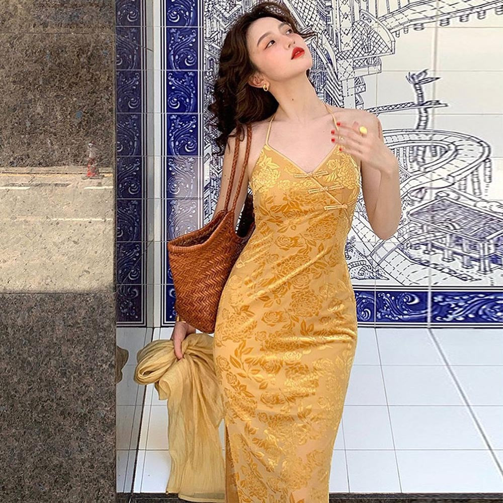 Women Clothing Spring Floral Halter Backless Office Midi Dress by Ragazza