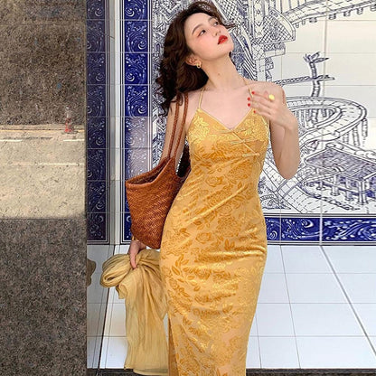 Women Clothing Spring Floral Halter Backless Office Midi Dress by Ragazza