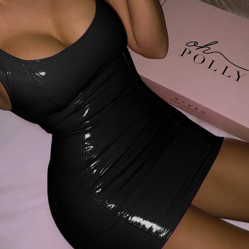 Metallic Coated Fabric Faux Leather Solid Color Sling Dress Women Tight Leather Sexy Sleeveless Leather Sexy Hip by Ragazza