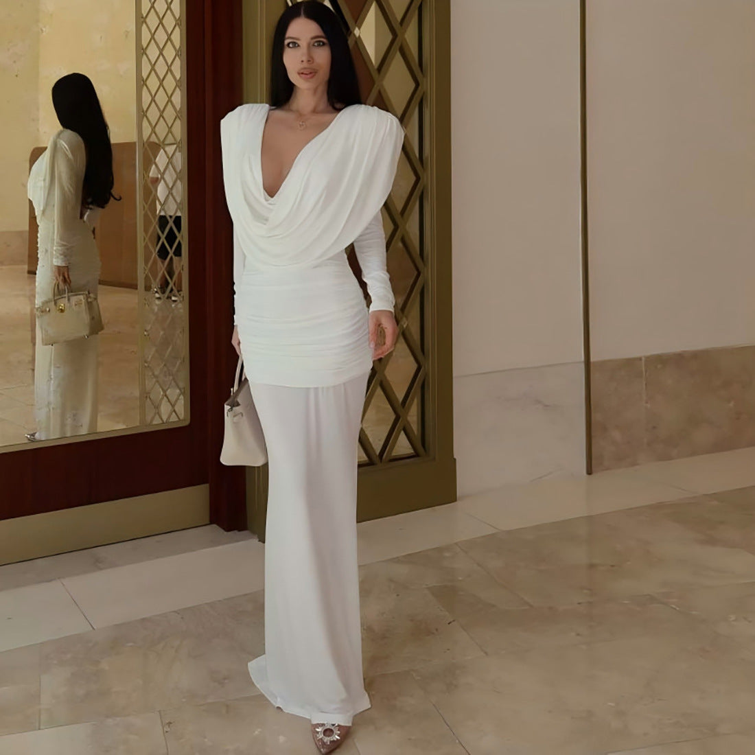 Fall Women Clothing Sexy Backless Swing Collar Slim Pleated Solid Color Long Sleeve Dress by Ragazza