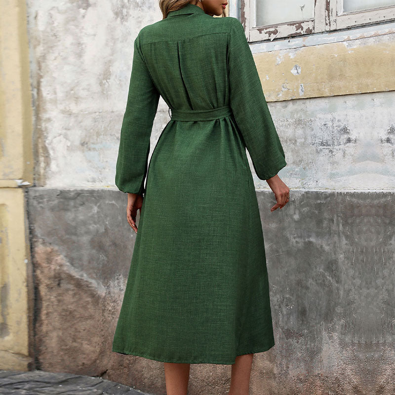Fall Women Clothing Turn down Collar Green Long Sleeve Solid Color Dress  DestGlow