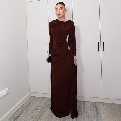 Autumn Winter Slim Fitted Waist Pleated Ribbon Solid Color Maxi Dress by Ragazza