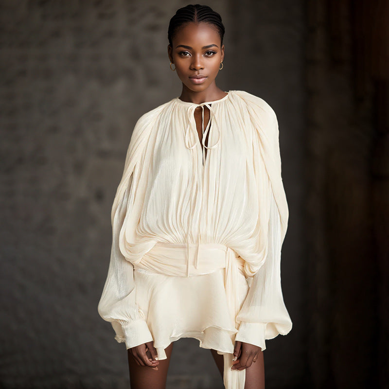 Puff Sleeve Lotus Leaf dress Early Spring Pleated Design Short Mesh Dress Women by Ragazza
