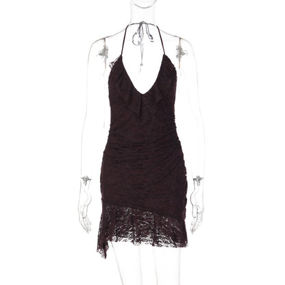 Sexy Lace Dress Vacation Summer Tight Waist Halter Tight Backless Short Dress by Ragazza