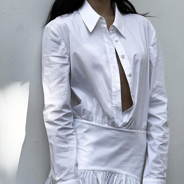 Women Clothing Spring Summer White Office Pleated A line Dress Collared Long Sleeve Shirt Dress Women by Ragazza