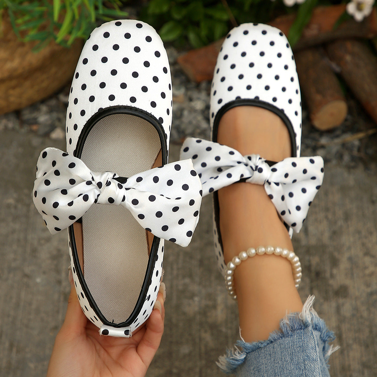 Black White Polka Dot Shallow Mouth Pumps Women Bow Mary Jane Ballet Breathable Boat Shoes  DestGlow