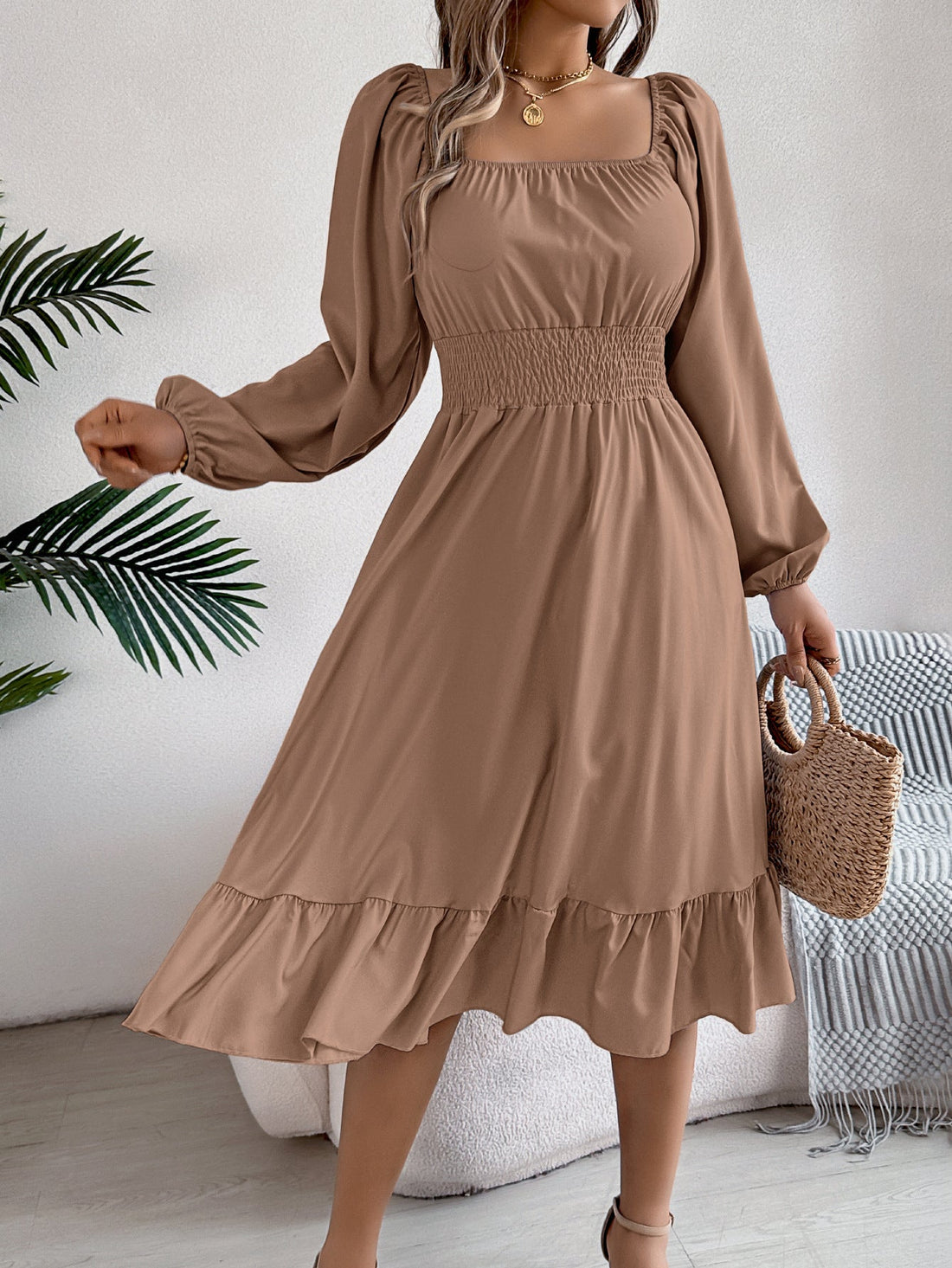 Spring Summer Casual Solid Color Square Collar Long Sleeve Waist Trimming Ruffles A line Dress Women Clothing by Ragazza