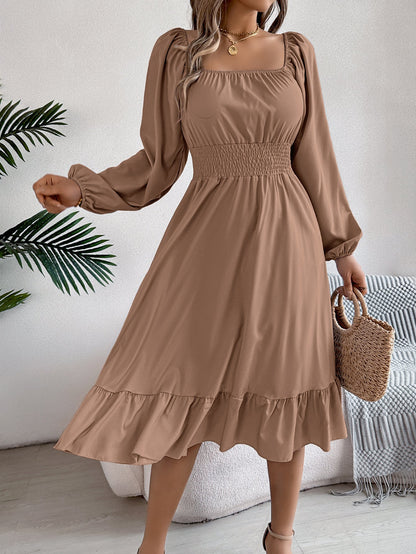 Spring Summer Casual Solid Color Square Collar Long Sleeve Waist Trimming Ruffles A line Dress Women Clothing by Ragazza
