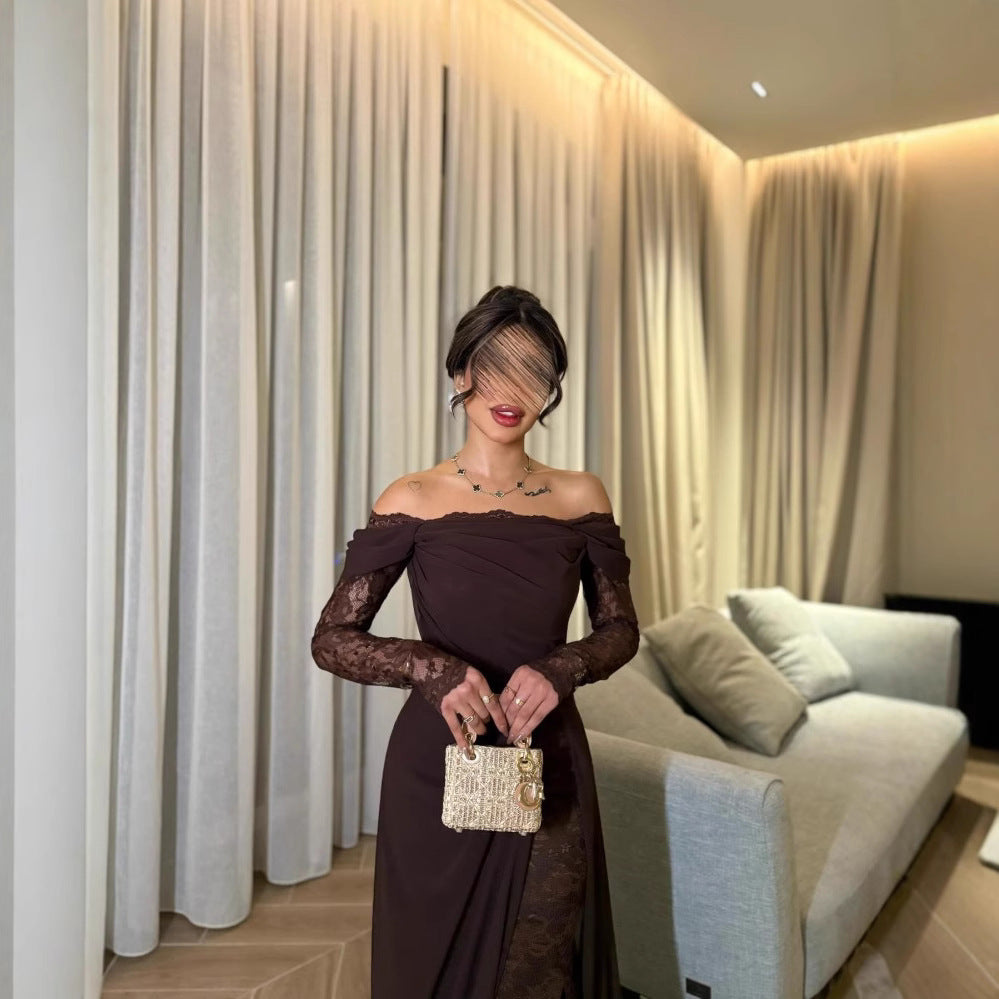 Spring Summer Women Clothing Tube Top Stitching Lace Long Sleeve Big Hem Elegance Retro Dress by Ragazza