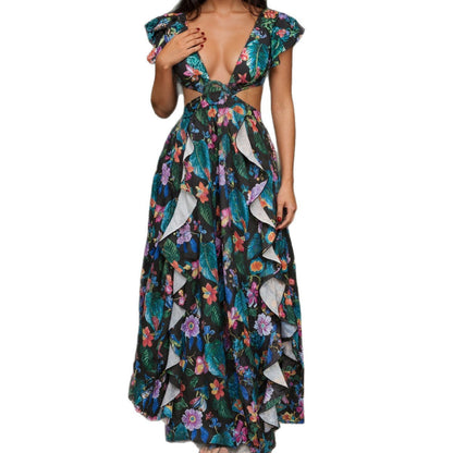 Summer Printed Maxi Dress High Waist Safety Pin Flying Sleeves Lace up Backless Vacation Dress by Ragazza
