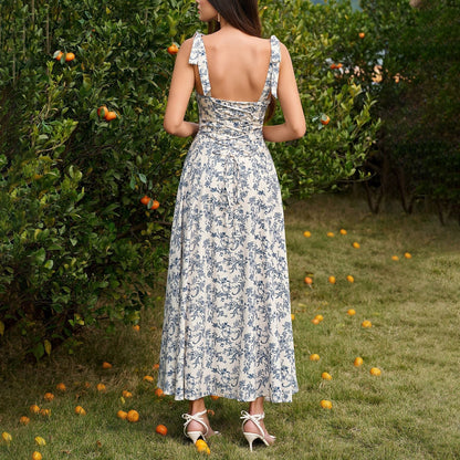 Summer Four Sided Stretch Printing Slip Dress Dignified Goddess Backless Waist Trimming Lace up Boning Corset Dress  DestGlow