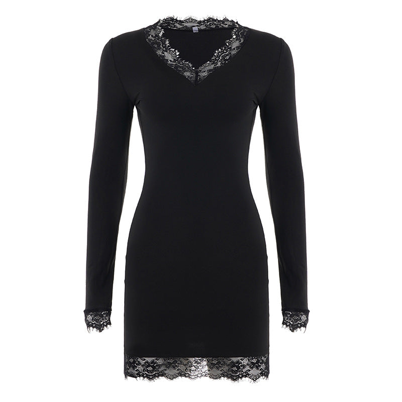 Sexy Lace Stitching V neck Long Sleeve Dress Women Elegant Slim Bottoming Solid Color Dress by Ragazza