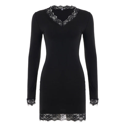 Sexy Lace Stitching V neck Long Sleeve Dress Women Elegant Slim Bottoming Solid Color Dress by Ragazza