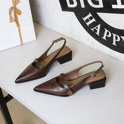 Retro Brown Camellia Pumps Word with Chunky Heel Low Heel Back Empty Back Strap Women Shoes  DestGlow