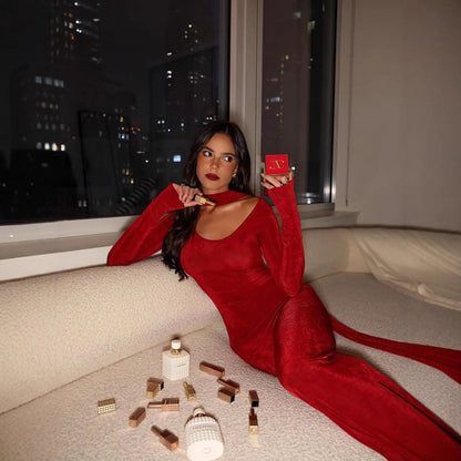 Autumn Winter Long Sleeves Hepburn Socialite with Scarf Slim Fit Red Long Formal Dress Women by Ragazza