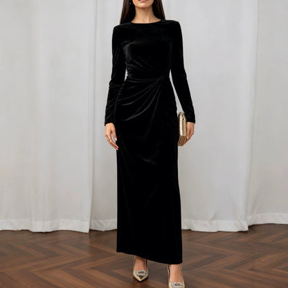 Light Luxury Matte Velvet Maxi Dress Long Sleeve round Neck Twisted Waist Flab Hiding Cocktail Dress  DestGlow