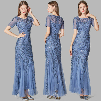 Summer Autumn Banquet Host Slim Mesh Sequ Evening Dress Fishtail Dress for Women by Ragazza