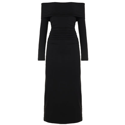 Elegant Graceful Women Dress Solid Color off Shoulder Pleated Slim Fit Figure Flattering Maxi Dress by Ragazza