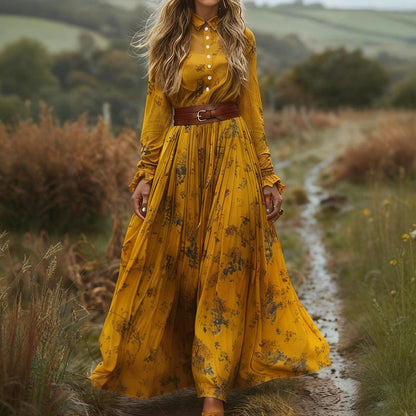 Spring Autumn Retro Lapels Women Long Sleeve Printing Mid Length Dress by Ragazza